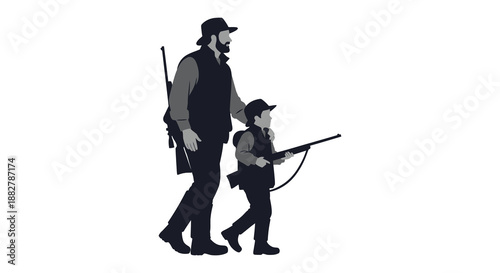 a striking black and white illustration depicting a man and child walking together both holding rifles rendered as a dramatic silhouette