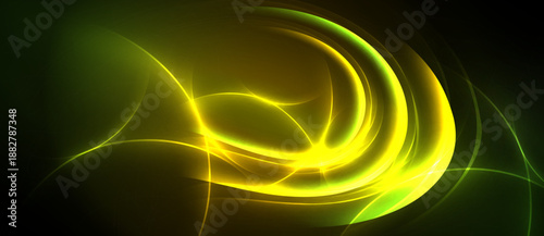 Bright yellow swirls dominate dark background. Abstract design evokes energy, motion, light effects. Smooth curves create dynamic visual impact.
