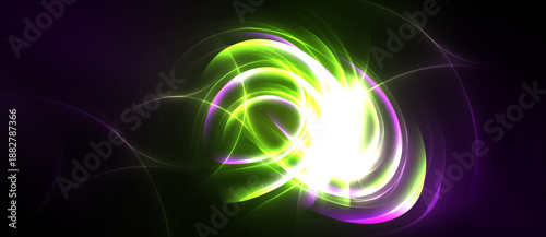 Bright abstract swirls, vibrant colors blend. Green, purple, white light radiates from central point. Dynamic energy, smooth curves dominate composition.