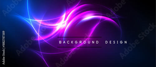 Abstract neon lights create dynamic swirls. Blue, purple hues dominate dark background. Text reads background design.