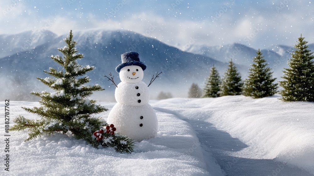 Obraz premium A serene winter landscape features a smiling snowman amidst soft falling flakes and distant pine trees against a vast white horizon.