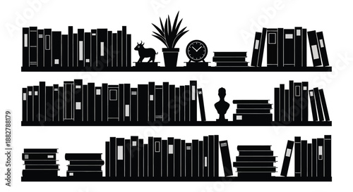 a striking black and white illustration depicts stacked books a dog plant clock and chess pieces arranged across multiple shelves silhouette
