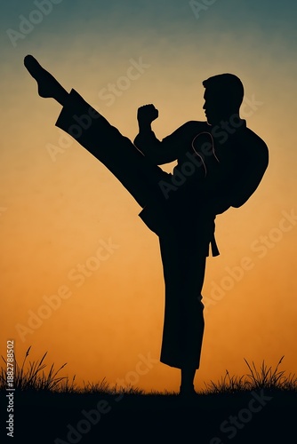 Silhouette of a cowboy playing guitar at sunset in the open sky outdoors