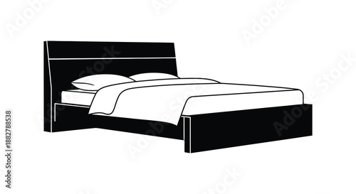 a simple black and white illustration depicts a modern bed with pillows and bedding showcasing a clean minimalist bedroom design silhouette