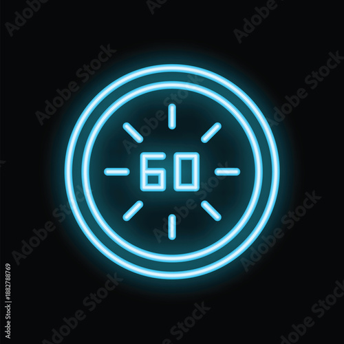 Glowing neon blue clock is ticking down the last sixty seconds on a black background