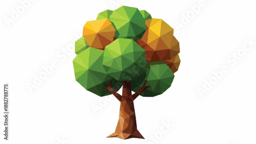 Stylized tree with a geometric, low-poly design, featuring a canopy of green and orange polygonal shapes on a clean white background.