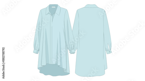 Stylish light blue long-sleeved tunic shirt technical flat sketch for modern women's apparel design