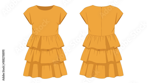 Vibrant yellow tiered ruffle dress technical flat sketch illustrating front and back views for fashion design portfolios and clothing production.
