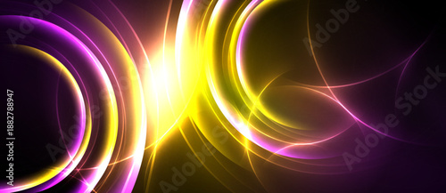 Abstract vibrant light streaks, circles, curves. Yellow, purple hues dominate dark background. Energetic, dynamic composition.