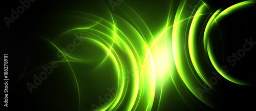 Bright green energy flows, curves intersect. Dark background emphasizes luminous lines, creating dynamic abstract composition.