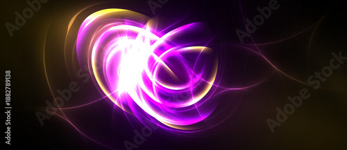 Bright abstract swirls, vibrant purple, yellow hues dominate dark background. Energetic lines create dynamic visual impact.