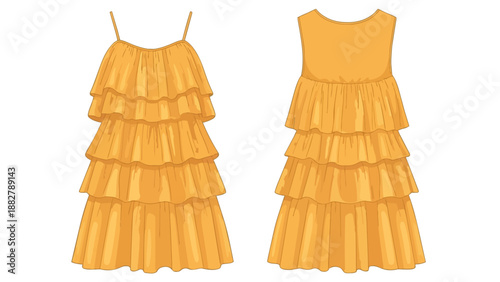 Vibrant yellow tiered ruffle dress flat sketch illustration showcasing front and back views a perfect design element for fashion projects and casual