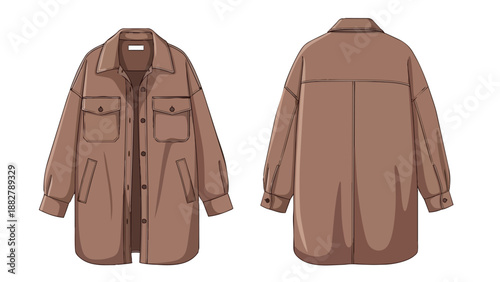 Flat vector illustration of a modern brown oversized shacket, depicting front and back. It features a relaxed fit, button closure, chest pockets,