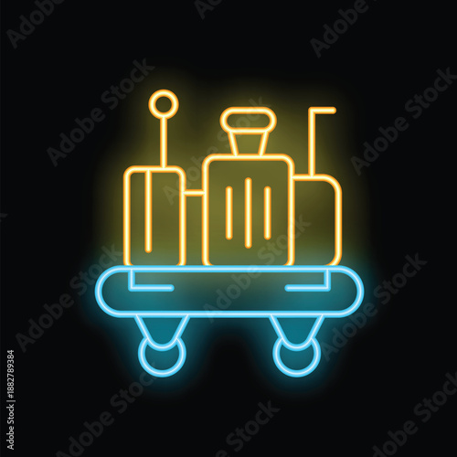 Neon sign of a luggage cart carrying suitcases, symbolizing travel, tourism, and vacation adventures