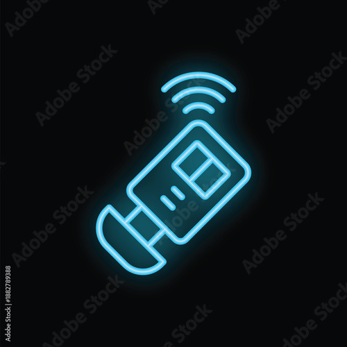 Blue glowing neon sign depicting a contactless payment terminal sending a signal on a black background