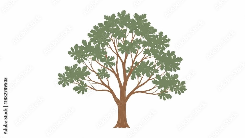 Obraz premium Simple and elegant illustration of an oak tree with a full canopy of muted green leaves and a brown trunk, in a soft, painted style.