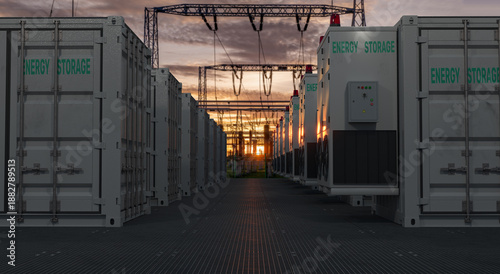 Electricity storage facilities against the backdrop of high-voltage transmission lines.3D rendering.