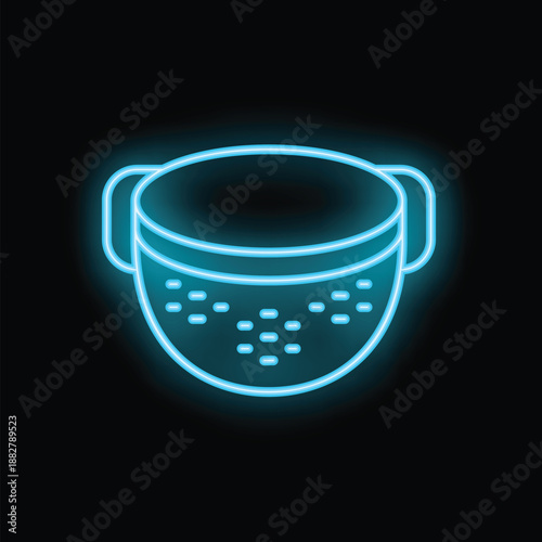 Blue neon sign of a multicooker, illuminating the concept of convenient and versatile cooking in contemporary kitchens