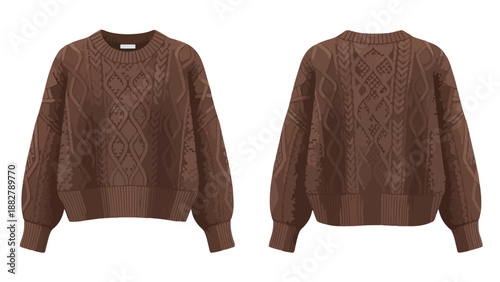 Warm brown cable knit sweater featuring detailed front and back views for fashion design, perfect for autumn and winter apparel showcases, an