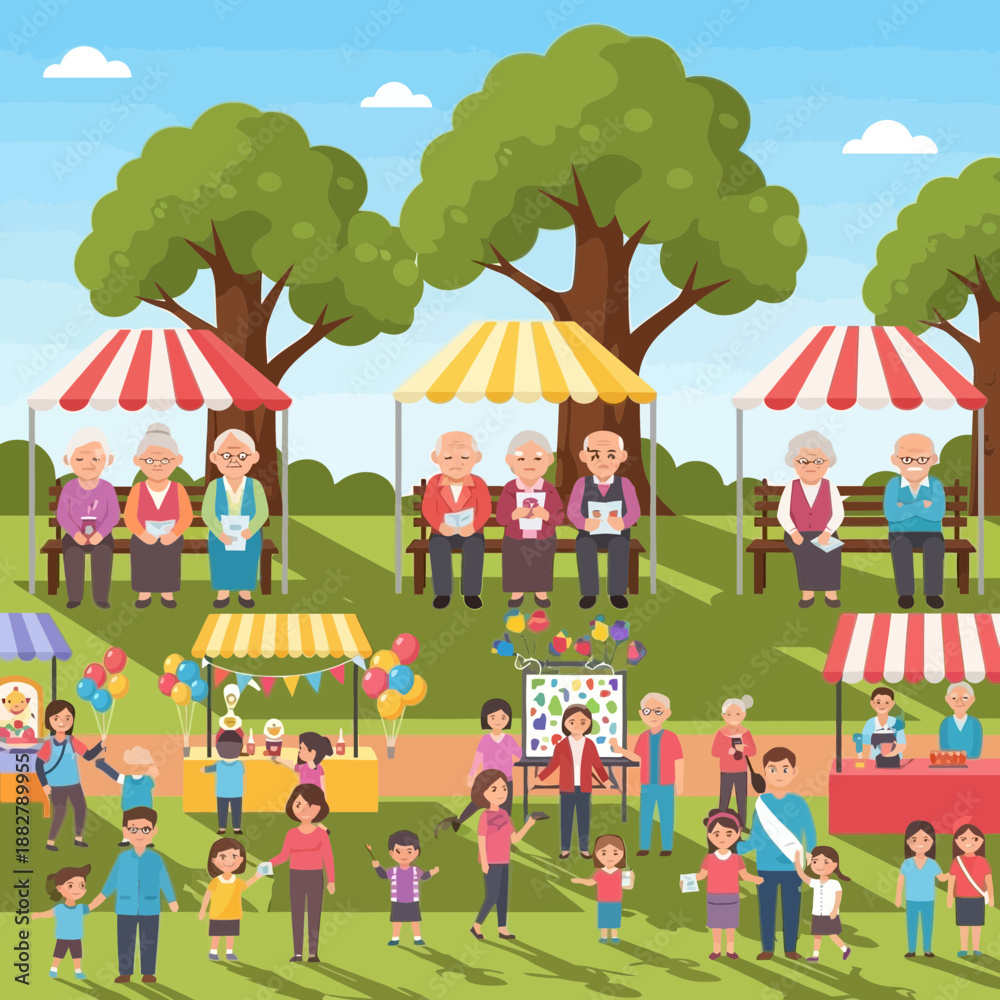 Fototapeta premium Community fair in park with families and seniors enjoying outdoor activities