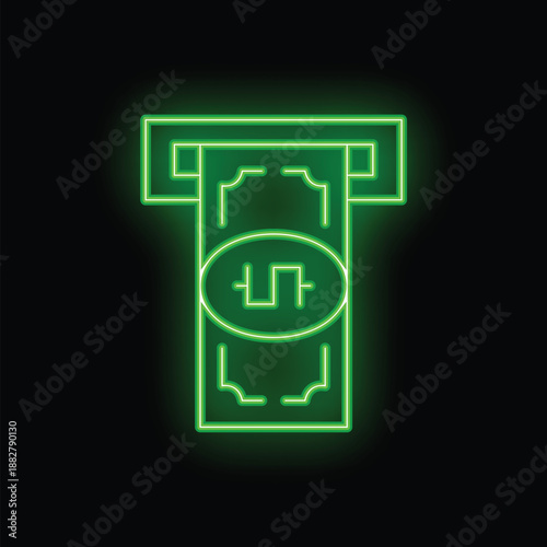 Neon green atm distributing ukrainian hryvnia banknote on a black background