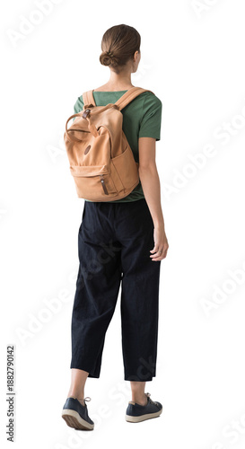 Full length portrait of young woman walking isolated transparent PNG, student girl full body photo PNG with transparent background precisely cut out with clipping path, back view.