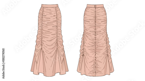 Elegant ruched maxi skirt fashion flat sketch front and back views in soft blush tone garment design