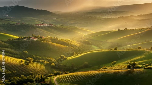 Golden hour sunbeams illuminate rolling tuscan hills with vineyards and rustic villas creating a serene and picturesque landscape perfect for travel tourism and agricultural themes