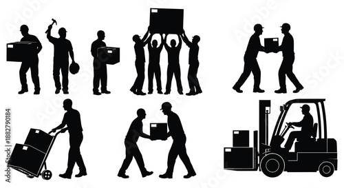 a striking visual sequence depicts people moving boxes utilizing a forklift showcasing teamwork and logistical operations silhouette high quality professional detailed