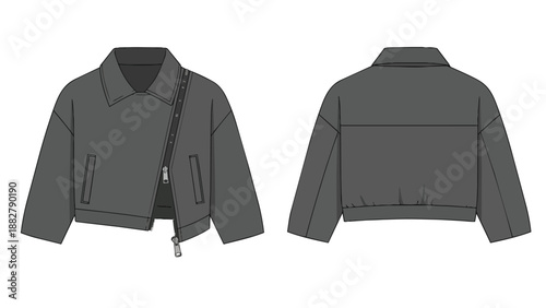Technical flat sketch of a modern cropped bomber jacket with asymmetrical zipper design