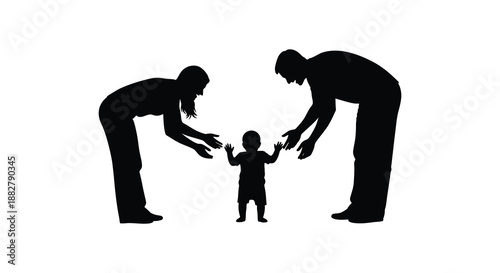 a striking black silhouette depicts a family scene showing a mother and father gently reaching towards their small child silhouette