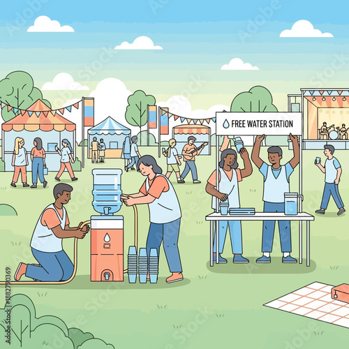 Outdoor festival hydration station offering free water to attendees.