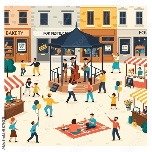 Outdoor concert in town square with market stalls and people enjoying festivities