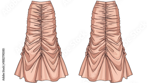 Fashion illustration of two elegant ruched long skirts in a soft peach hue, showcasing intricate fabric gathering and a flattering silhouette ideal