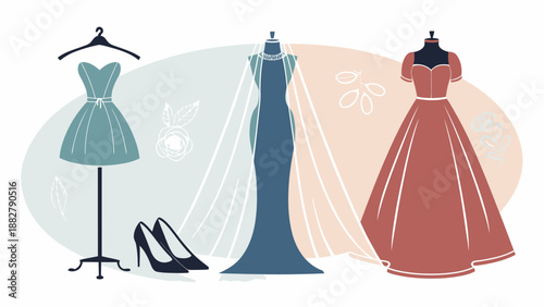 Elegant bridal trousseau with dresses and accessories on mannequins and stand