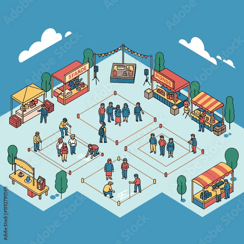Social distancing at outdoor market with stalls and people