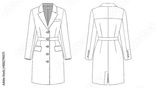 Technical flat sketch illustrating the detailed front and back design of a sophisticated single-breasted long coat garment.