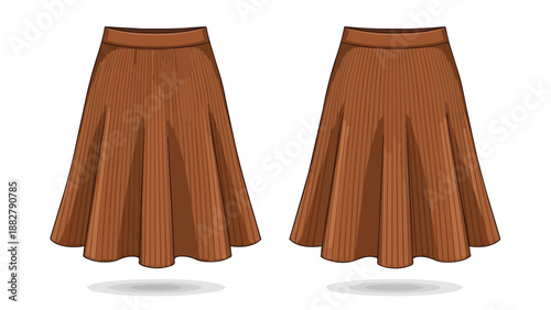 Elegant brown pleated midi skirts vector illustration, perfect for fashion design, apparel concepts, or stylish casual wear representation,