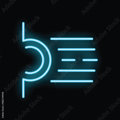 Blue neon icon of magnetic field lines being deflected by magnetic field of current carrying conductor glowing on black background