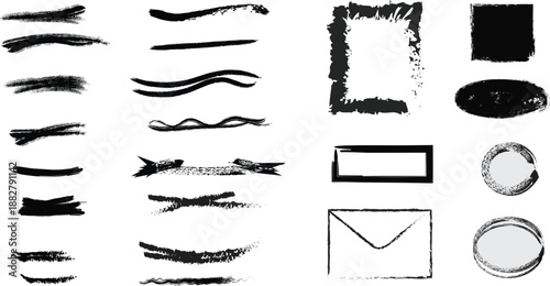 Collection of various black and white brush strokes and shapes