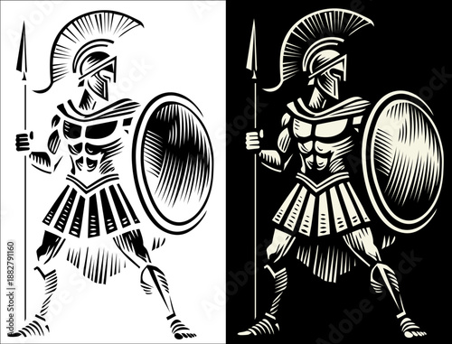 A bold black-and-white illustration of a warrior holding a spear and shield, in traditional armor and helmet. Could represent a Spartan, Trojan, or Roman gladiator, symbolizing strength and valor.