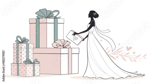 Bride to be gift packing silhouette with presents in pastel colors and white dress