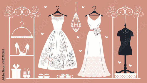 Bridal trousseau collection with dresses shoes and accessories on display