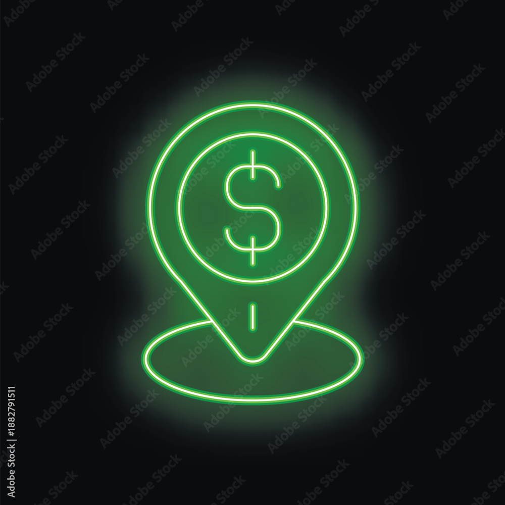 Fototapeta premium Green neon dollar sign location pin glowing on a black background