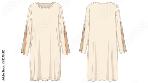 Elegant casual cream tunic dress technical flat sketch with unique split sleeve details and earthy accents