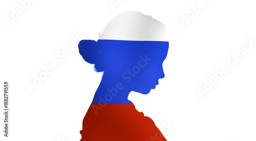 Double exposure silhouette of a woman with Russian flag overlay – Russia patriotism concept