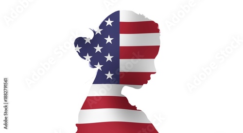 Double exposure silhouette of a woman with American flag overlay – USA patriotism concept