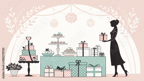 Woman holding gift at bridal shower with trousseau and presents elegant silhouette vector illustration