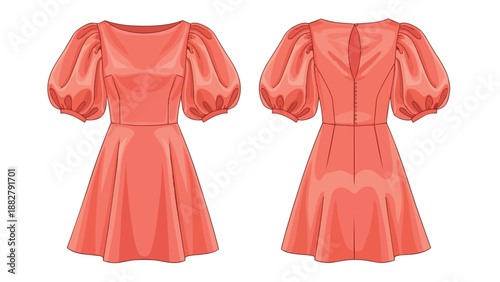 Graceful peach puff sleeve dress illustration, front and back views, featuring an elegant boat neck and a flared A-line silhouette, ideal for