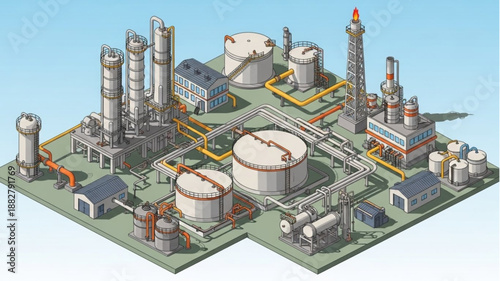 Industrial Oil Refinery Complex with Storage Tanks and Pipelines.